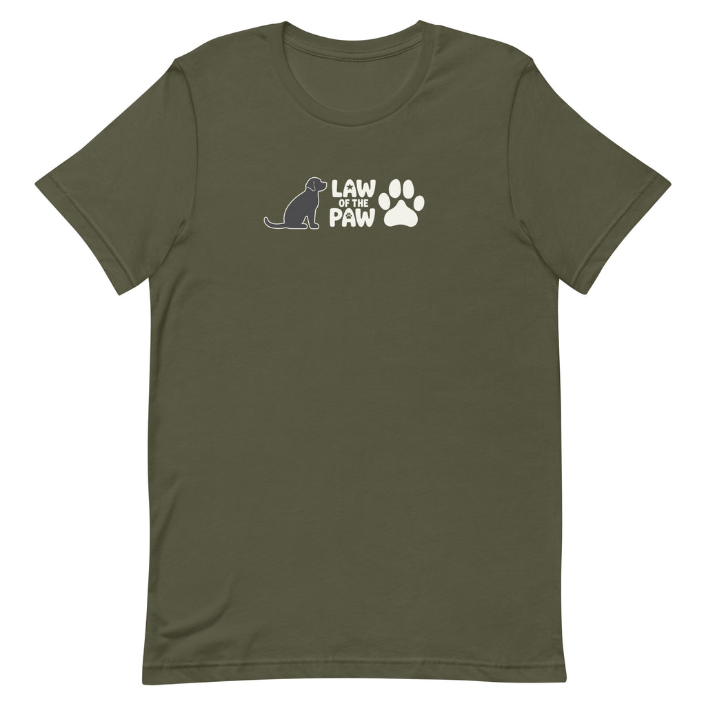 Law of the Paw® logo with seated dog and paw print on a t-shirt in military green, front view – Kate Spain design