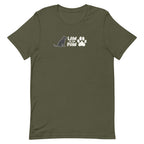 Law of the Paw® logo with seated dog and paw print on a t-shirt in military green, front view – Kate Spain design