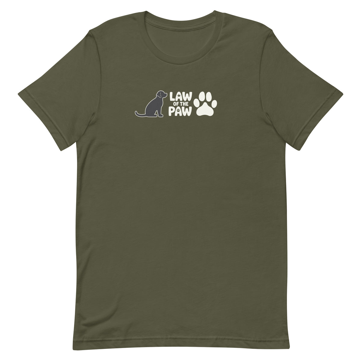 Law of the Paw® logo with seated dog and paw print on a t-shirt in military green, front view – Kate Spain design