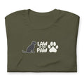 Law of the Paw® logo with seated dog and paw print on a t-shirt in military green, folded close-up of the design – Kate Spain design