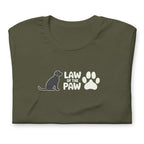 Law of the Paw® logo with seated dog and paw print on a t-shirt in military green, folded close-up of the design – Kate Spain design