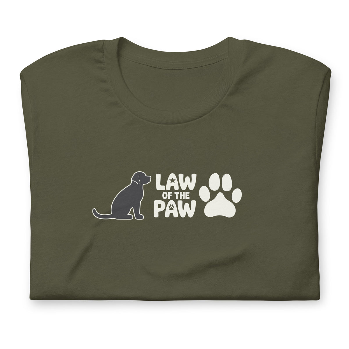 Law of the Paw® logo with seated dog and paw print on a t-shirt in military green, folded close-up of the design – Kate Spain design