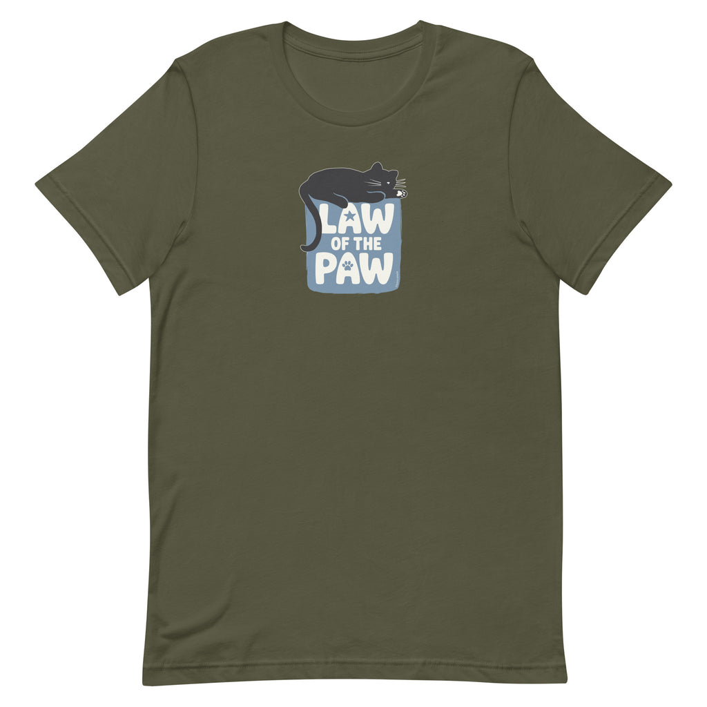 Law of the Paw® design with a cat napping on the logo on a t-shirt in military green, front view – Kate Spain design