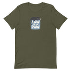 Law of the Paw® design with a cat napping on the logo on a t-shirt in military green, front view – Kate Spain design