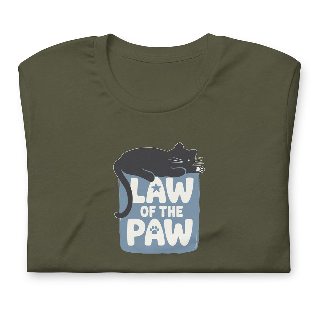 Law of the Paw® design with a cat napping on the logo on a t-shirt in military green, folded close-up of the design – Kate Spain design