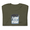 Law of the Paw® design with a cat napping on the logo on a t-shirt in military green, folded close-up of the design – Kate Spain design