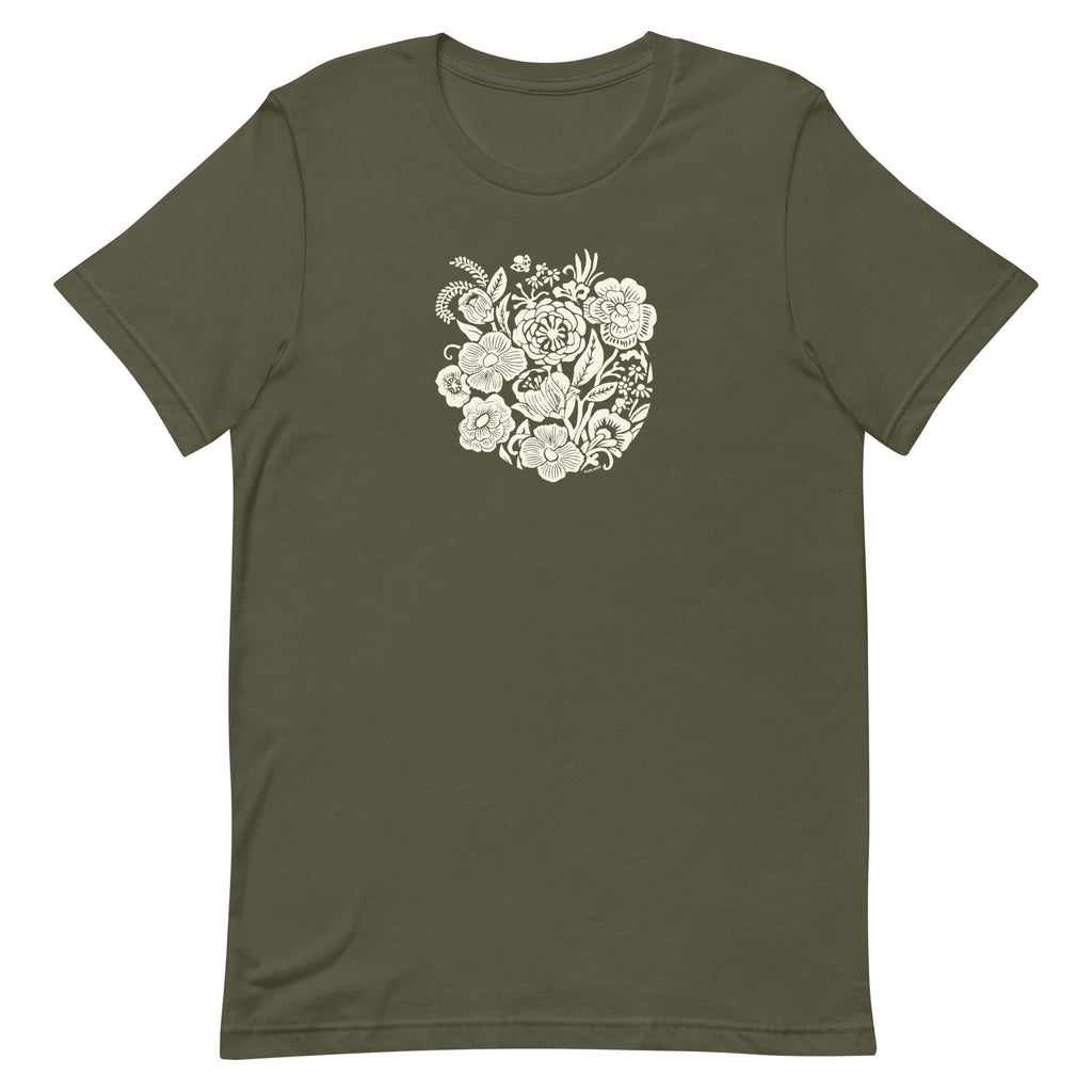 Meadowsweet woodblock-style bouquet of wildflowers on a t-shirt in military green, front view – Kate Spain design