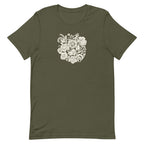 Meadowsweet woodblock-style bouquet of wildflowers on a t-shirt in military green, front view – Kate Spain design