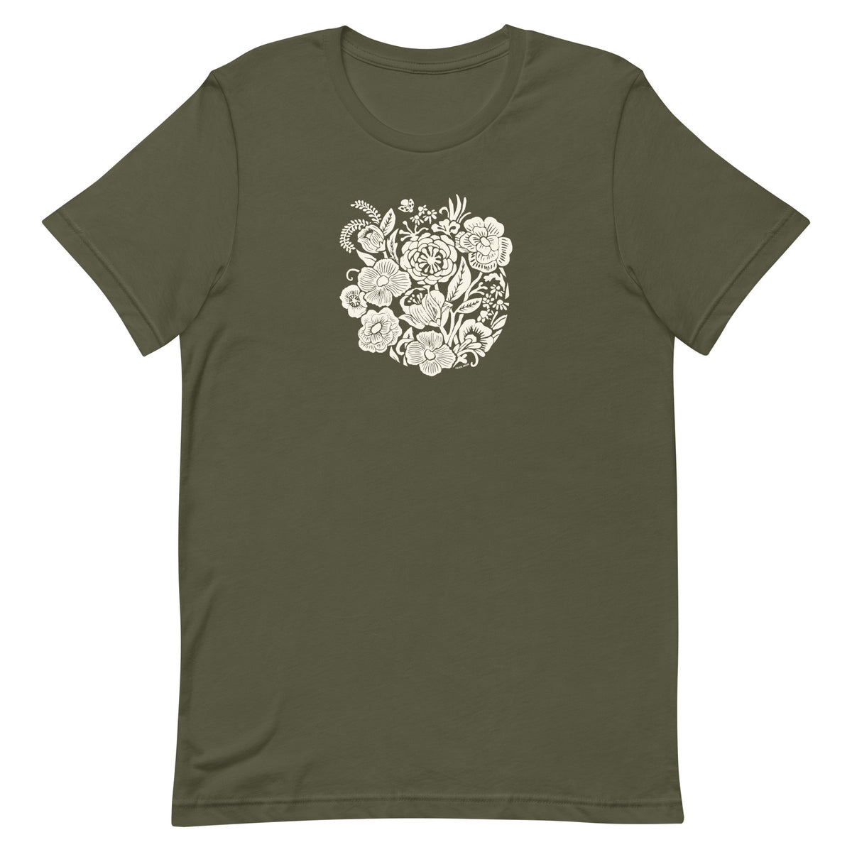 Meadowsweet woodblock-style bouquet of wildflowers on a t-shirt in military green, front view – Kate Spain design