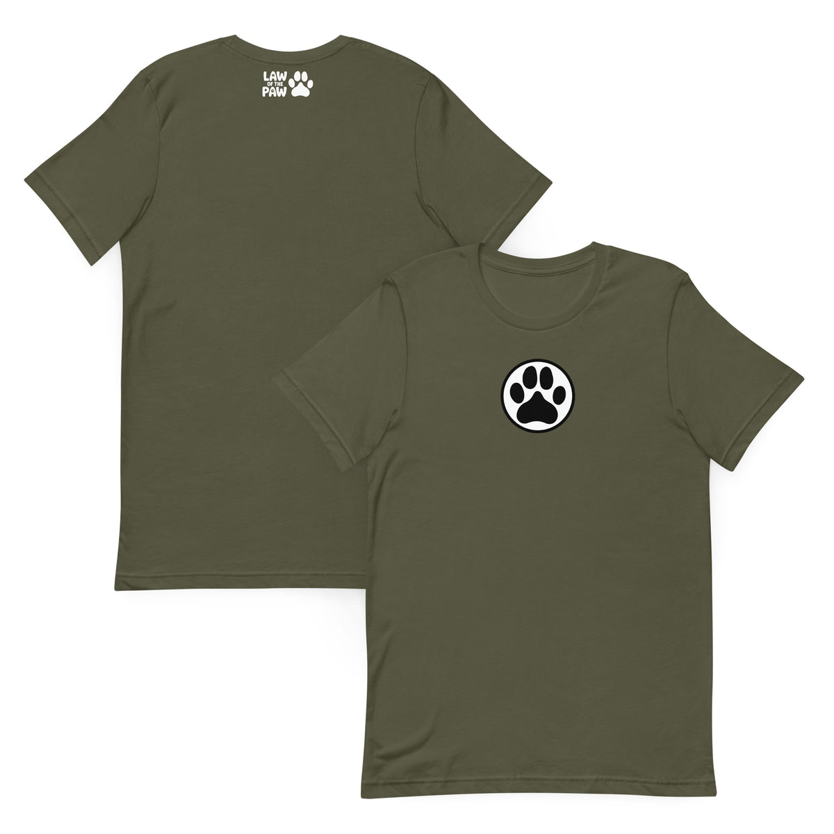 Law of the Paw® dog paw print on a t-shirt in military green, front and back view – Kate Spain design