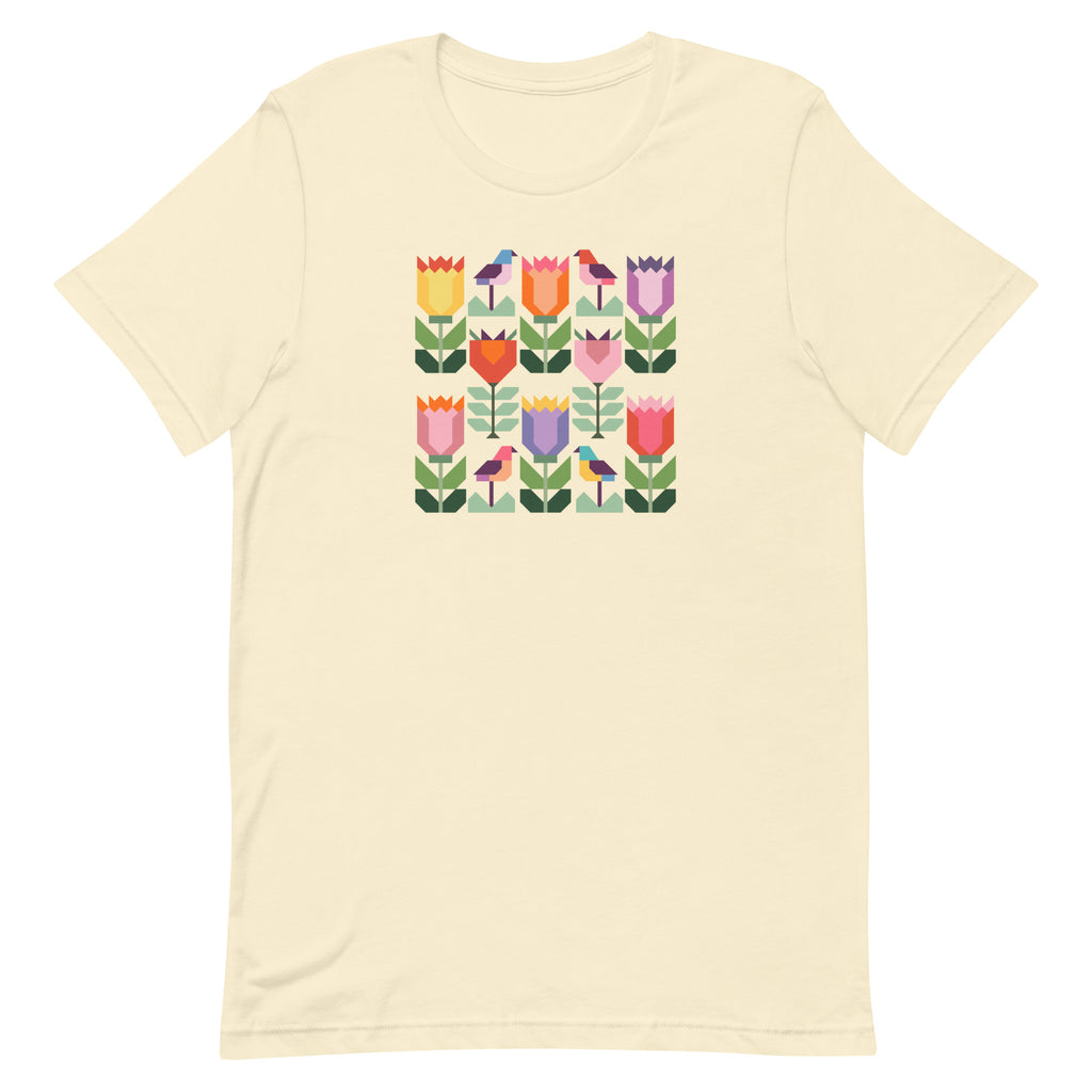 Birds + Blooms patchwork tulips and birds on a t-shirt in vintage white, front view – Kate Spain design for Pat Sloan