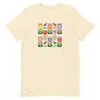 Birds + Blooms patchwork tulips and birds on a t-shirt in vintage white, front view – Kate Spain design for Pat Sloan