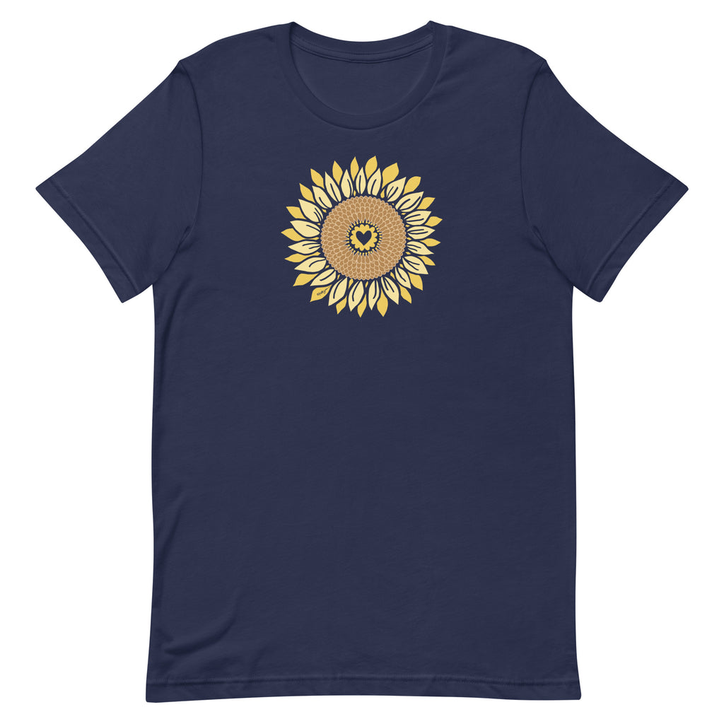 Golden sunflower with a heart center on a crewneck t-shirt in navy, front view – Sunflowers in My Heart by Kate Spain