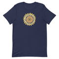 Golden sunflower with a heart center on a crewneck t-shirt in navy, front view – Sunflowers in My Heart by Kate Spain
