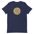 Golden sunflower with a heart center on a crewneck t-shirt in navy, front view – Sunflowers in My Heart by Kate Spain