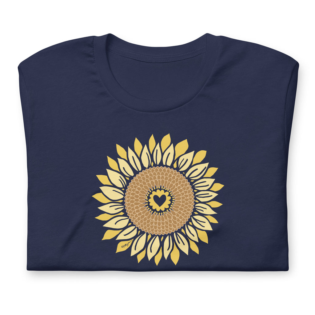 Golden sunflower with a heart center on a crewneck t-shirt in navy, folded close-up of the design – Sunflowers in My Heart by Kate Spain
