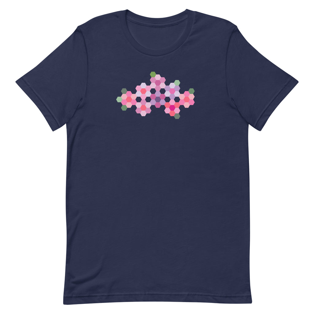 Pink GeoFlora hexagon flowers in pinks, mauves and sage on a t-shirt in navy, front view – Kate Spain design for Pat Sloan