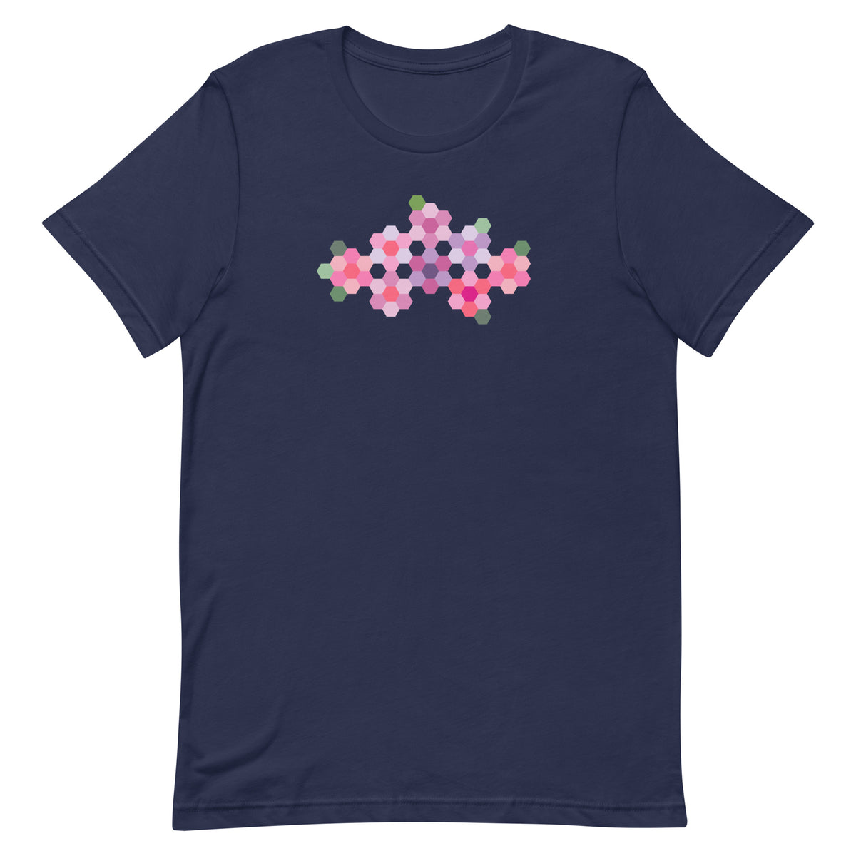 Pink GeoFlora hexagon flowers in pinks, mauves and sage on a t-shirt in navy, front view – Kate Spain design for Pat Sloan