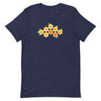 Yellow GeoFlora hexagon flowers in golden yellow, orange, coral and sage on a t-shirt in navy, front view – Kate Spain design for Pat Sloan