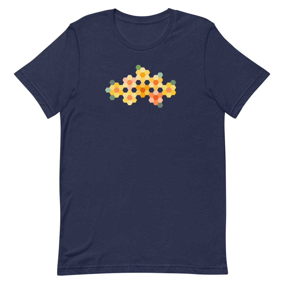 Yellow GeoFlora hexagon flowers in golden yellow, orange, coral and sage on a t-shirt in navy, front view – Kate Spain design for Pat Sloan