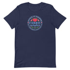 Fabric Curator Society of Stashers badge with a tomato pincushion on a t-shirt in navy, front view – Kate Spain design for Pat Sloan