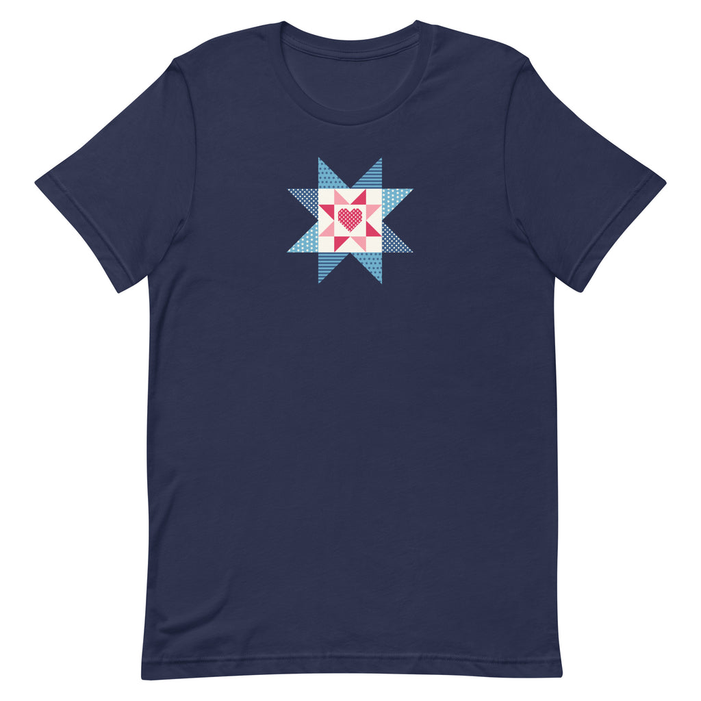 Liberty Love star quilt block with a heart in red, white and blue on a t-shirt in navy, front view – Kate Spain design for Pat Sloan