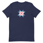Liberty Love star quilt block with a heart in red, white and blue on a t-shirt in navy, front view – Kate Spain design for Pat Sloan