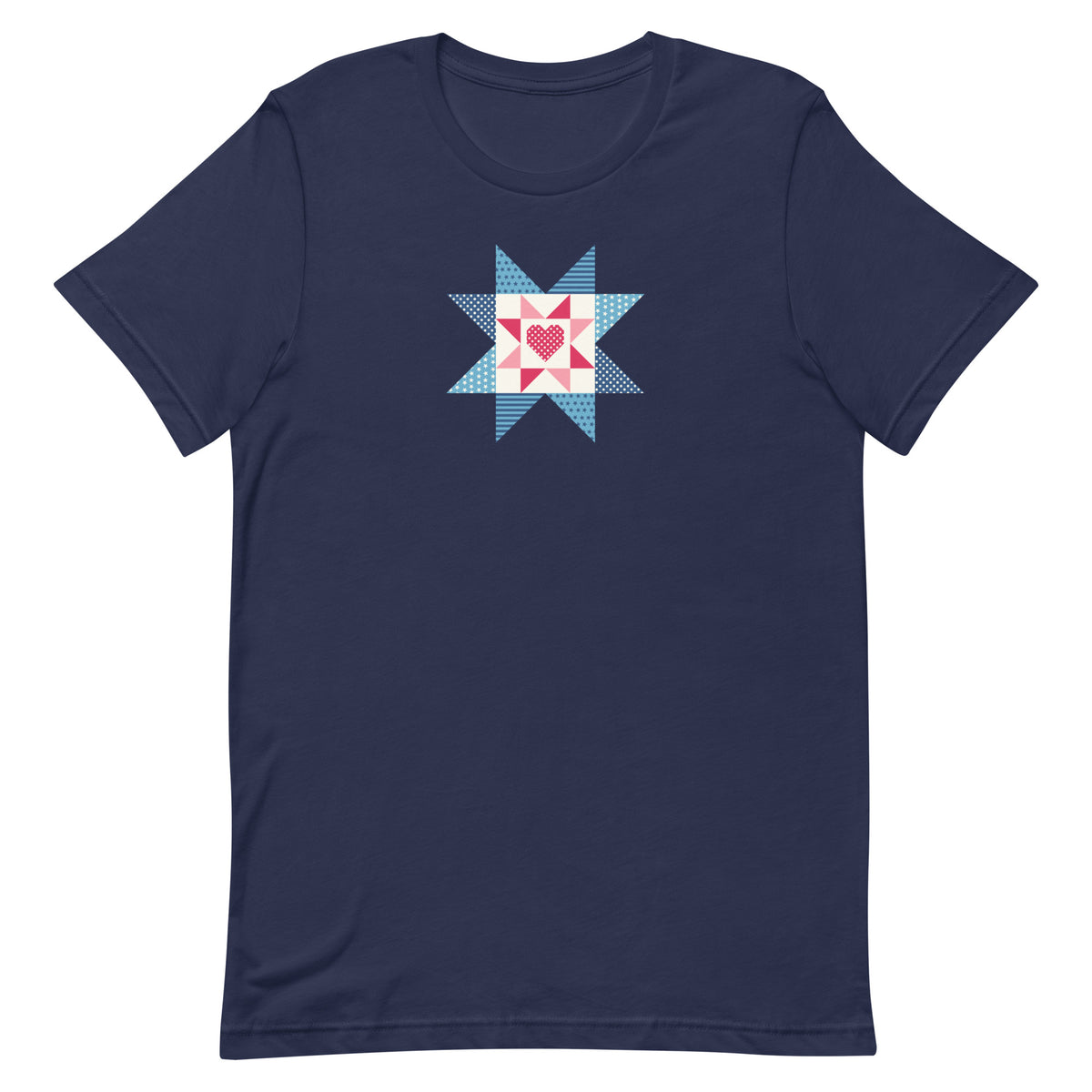 Liberty Love star quilt block with a heart in red, white and blue on a t-shirt in navy, front view – Kate Spain design for Pat Sloan
