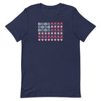 United We Quilt patchwork flag with quilt-block stars and heart stripes on a t-shirt in navy, front view – Kate Spain design for Pat Sloan