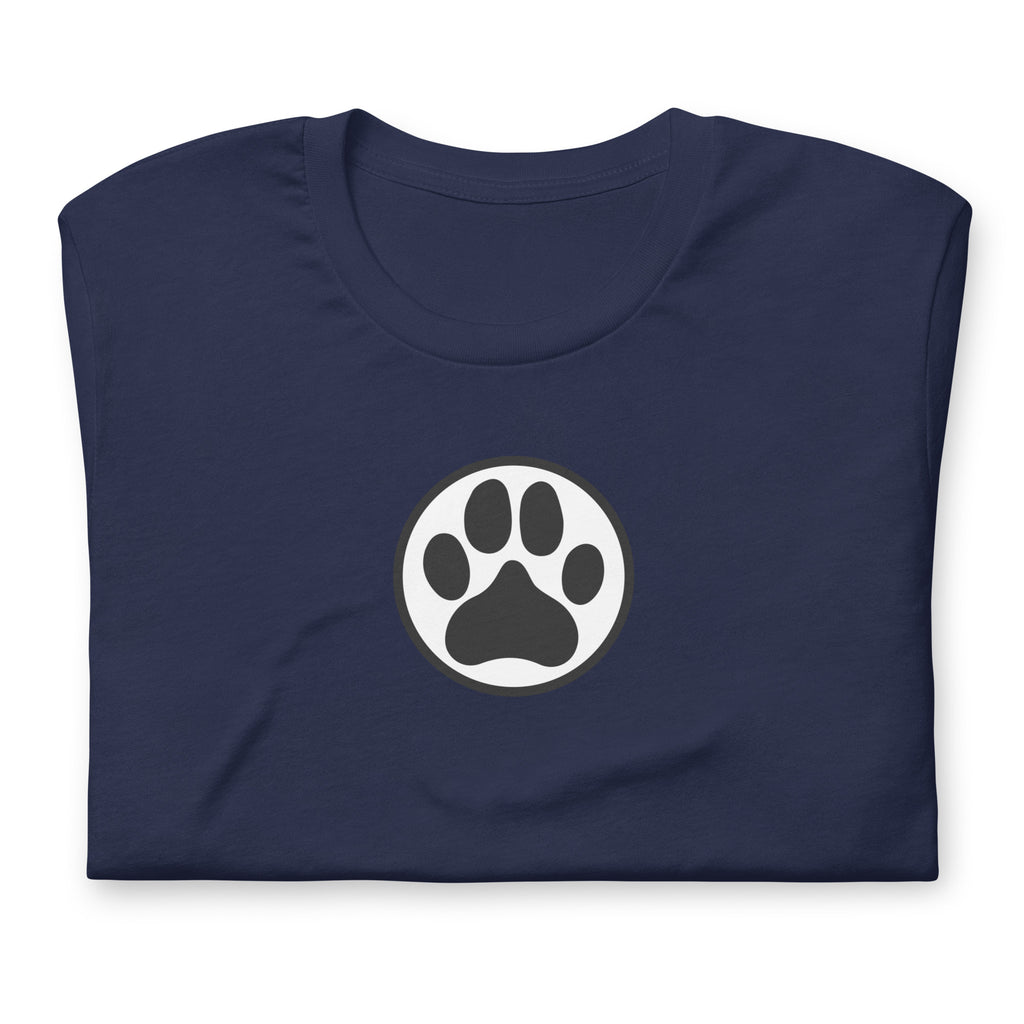 Law of the Paw® dog paw print on a t-shirt in navy, folded close-up of the design – Kate Spain design