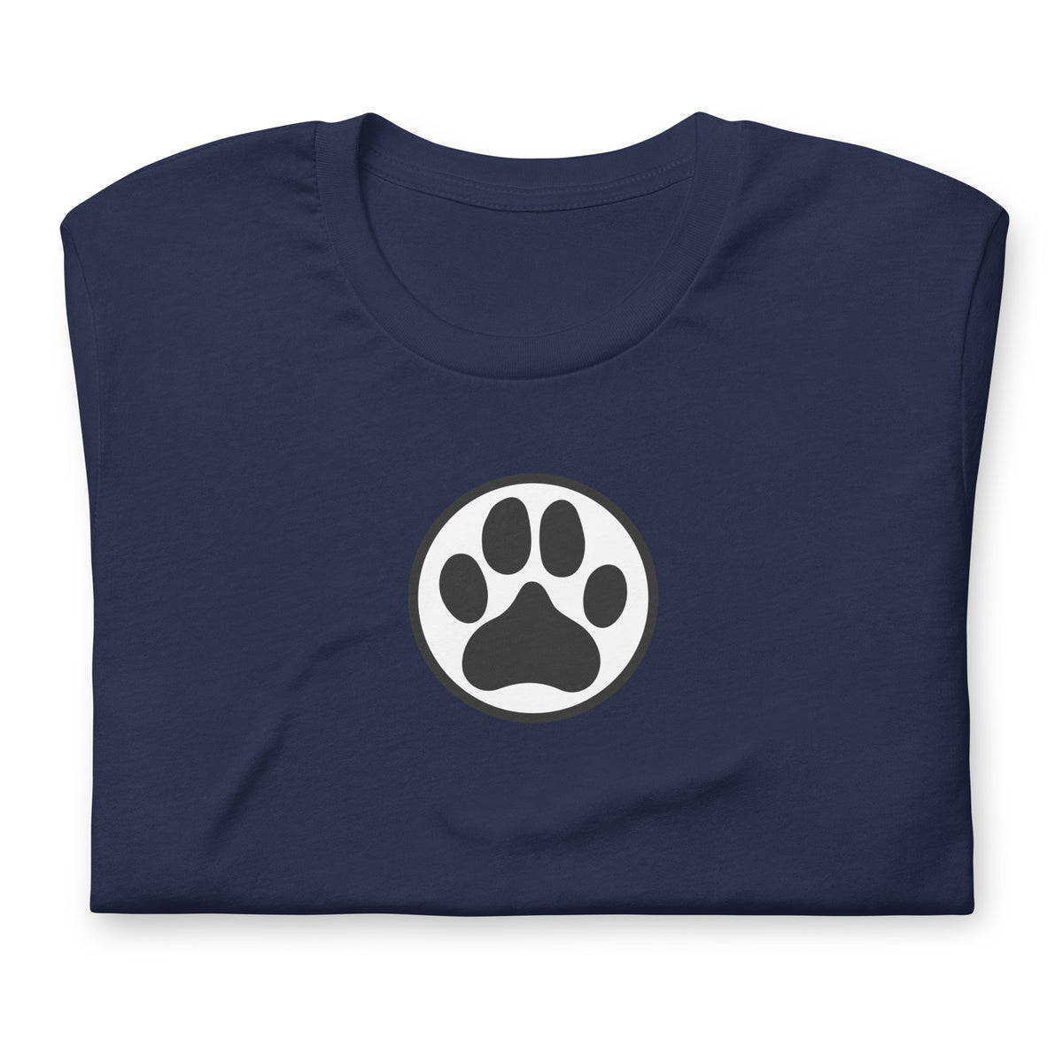 Law of the Paw® dog paw print on a t-shirt in navy, folded close-up of the design – Kate Spain design