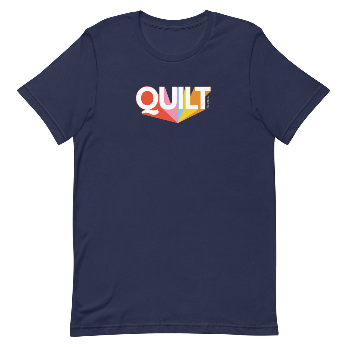 Moda QUILT logo with orange, pink, blue and yellow rays on a staple t-shirt in navy, front view – Kate Spain design