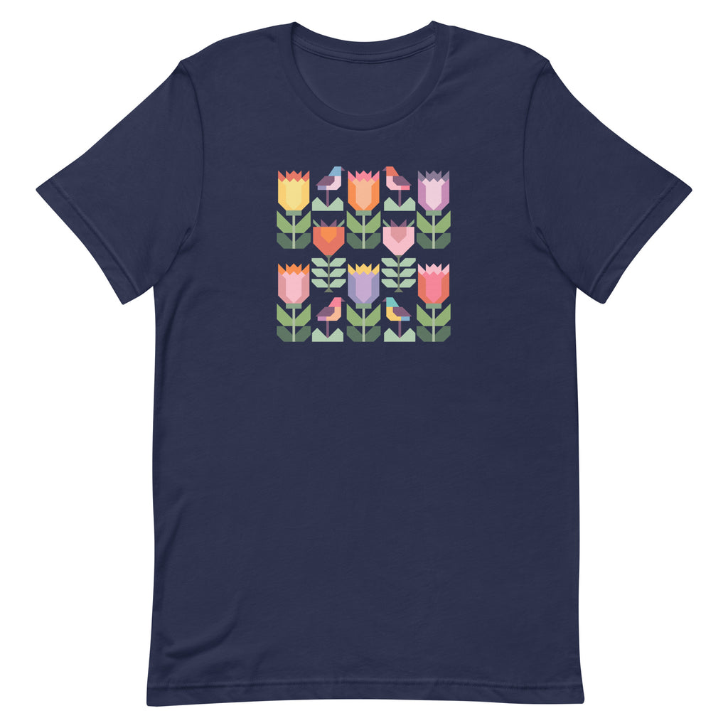 Birds + Blooms patchwork tulips and birds on a t-shirt in navy, front view – Kate Spain design for Pat Sloan