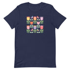 Birds + Blooms patchwork tulips and birds on a t-shirt in navy, front view – Kate Spain design for Pat Sloan