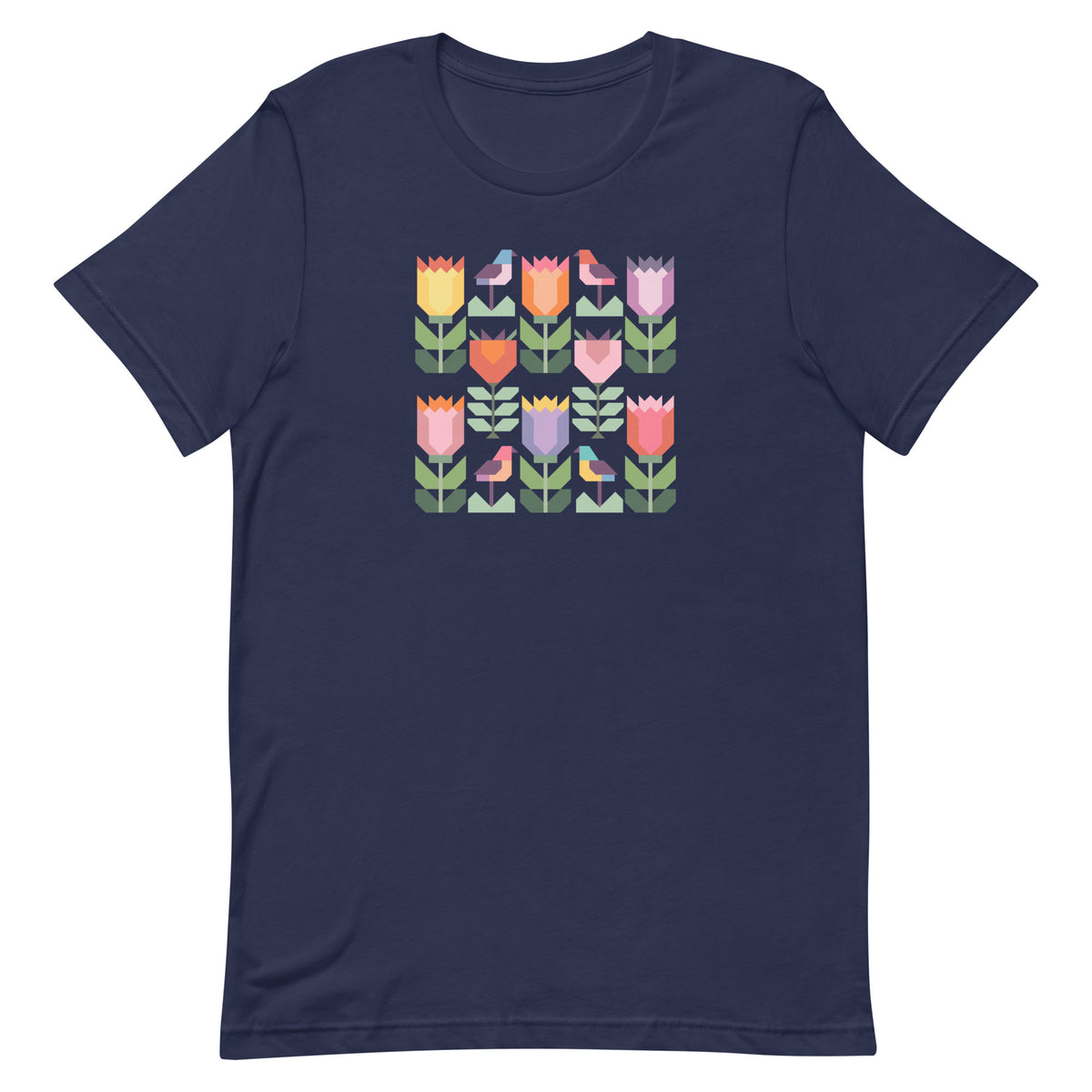 Birds + Blooms patchwork tulips and birds on a t-shirt in navy, front view – Kate Spain design for Pat Sloan