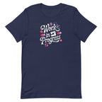 Work in Progress sewing design with flying geese, sewing machine, strawberry and thread spool on a t-shirt in navy, front view – Kate Spain design for Pat Sloan