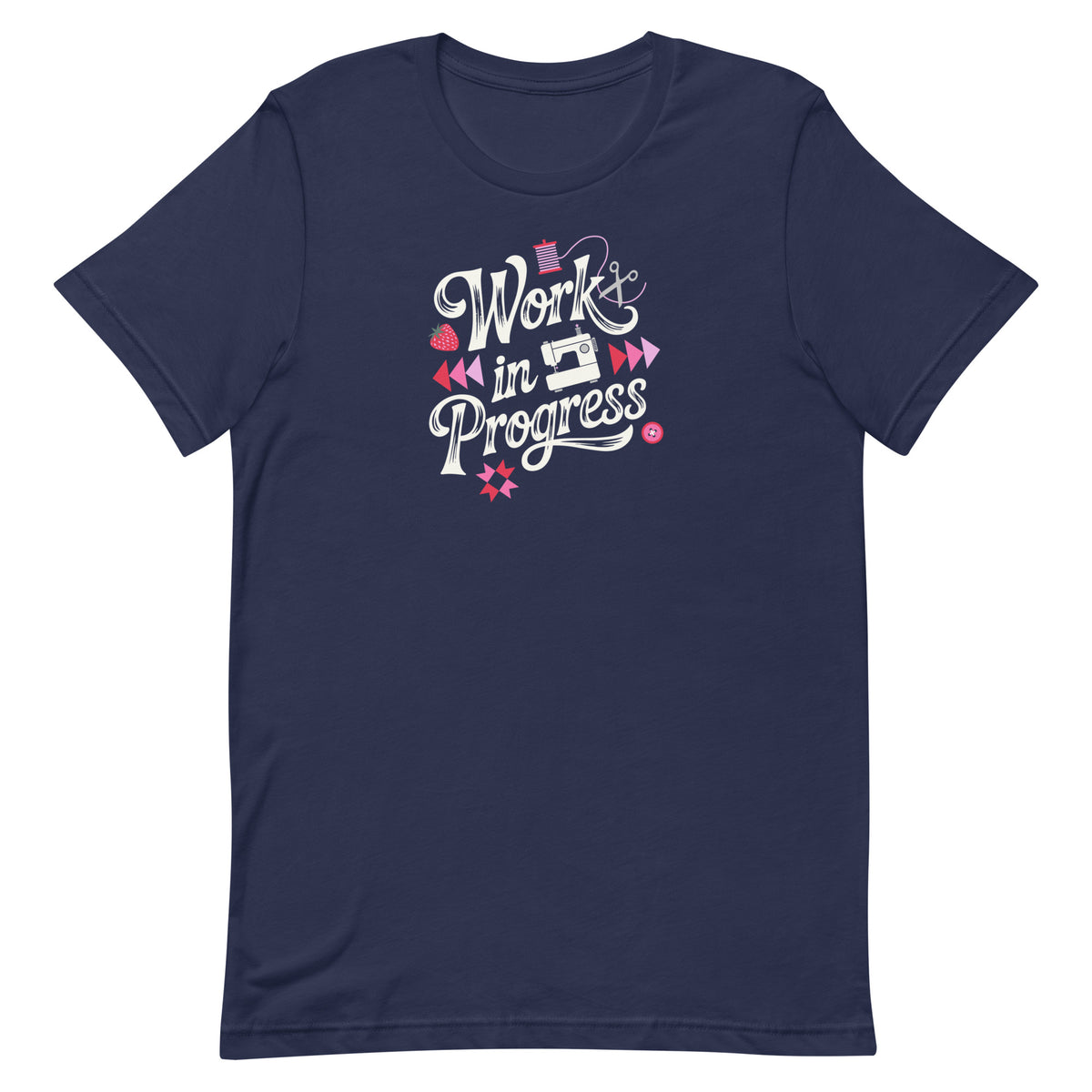 Work in Progress sewing design with flying geese, sewing machine, strawberry and thread spool on a t-shirt in navy, front view – Kate Spain design for Pat Sloan