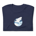 Great egret in flight against a blue circle on a t-shirt in navy, folded close-up of the design – Kate Spain design