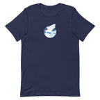 Great egret in flight against a blue circle on a t-shirt in navy, front view – Kate Spain design