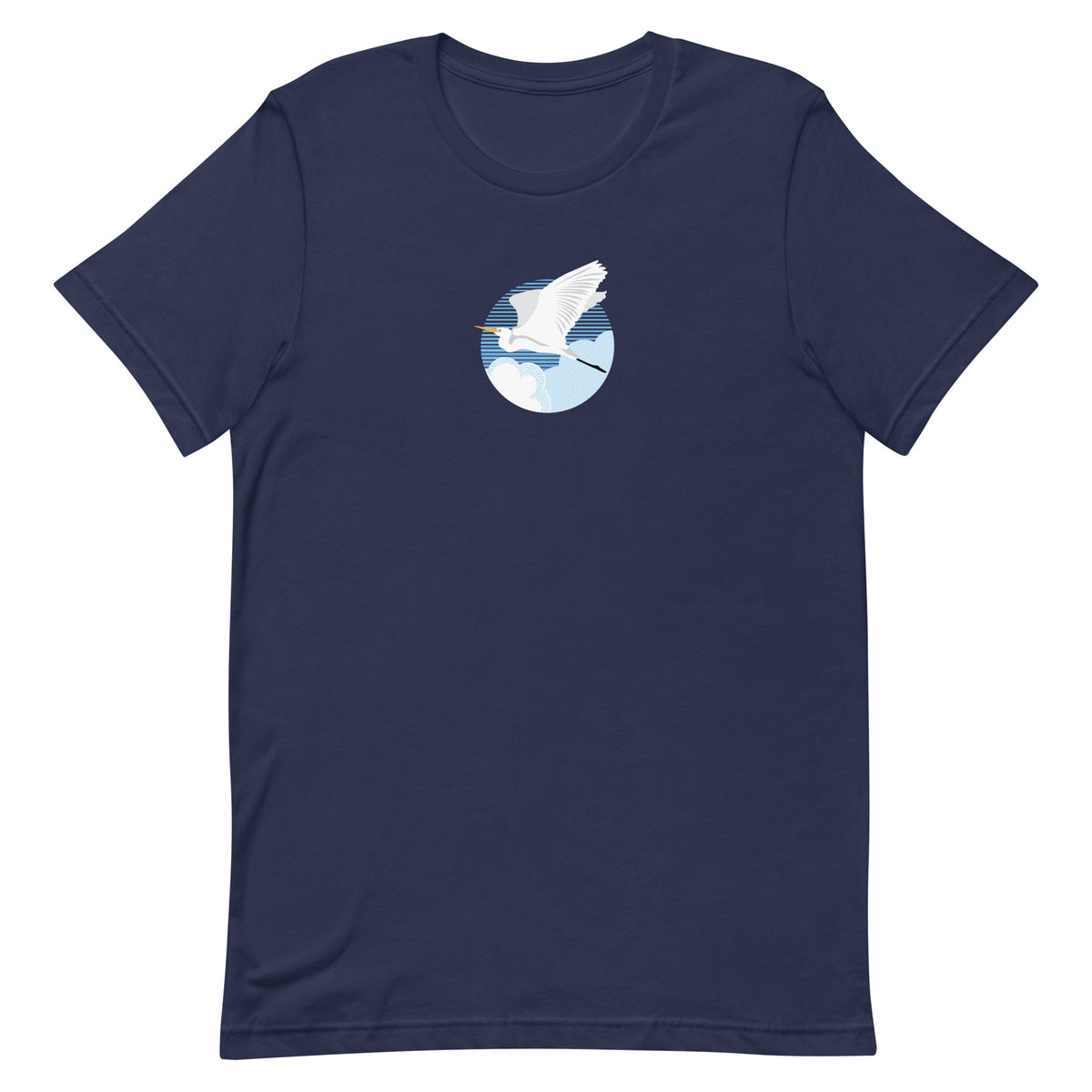 Great egret in flight against a blue circle on a t-shirt in navy, front view – Kate Spain design