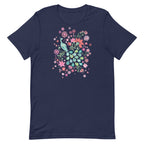 Peacock Flowers design, a peacock among coral, pink, mint and teal blooms on a t-shirt in navy, front view – Kate Spain design