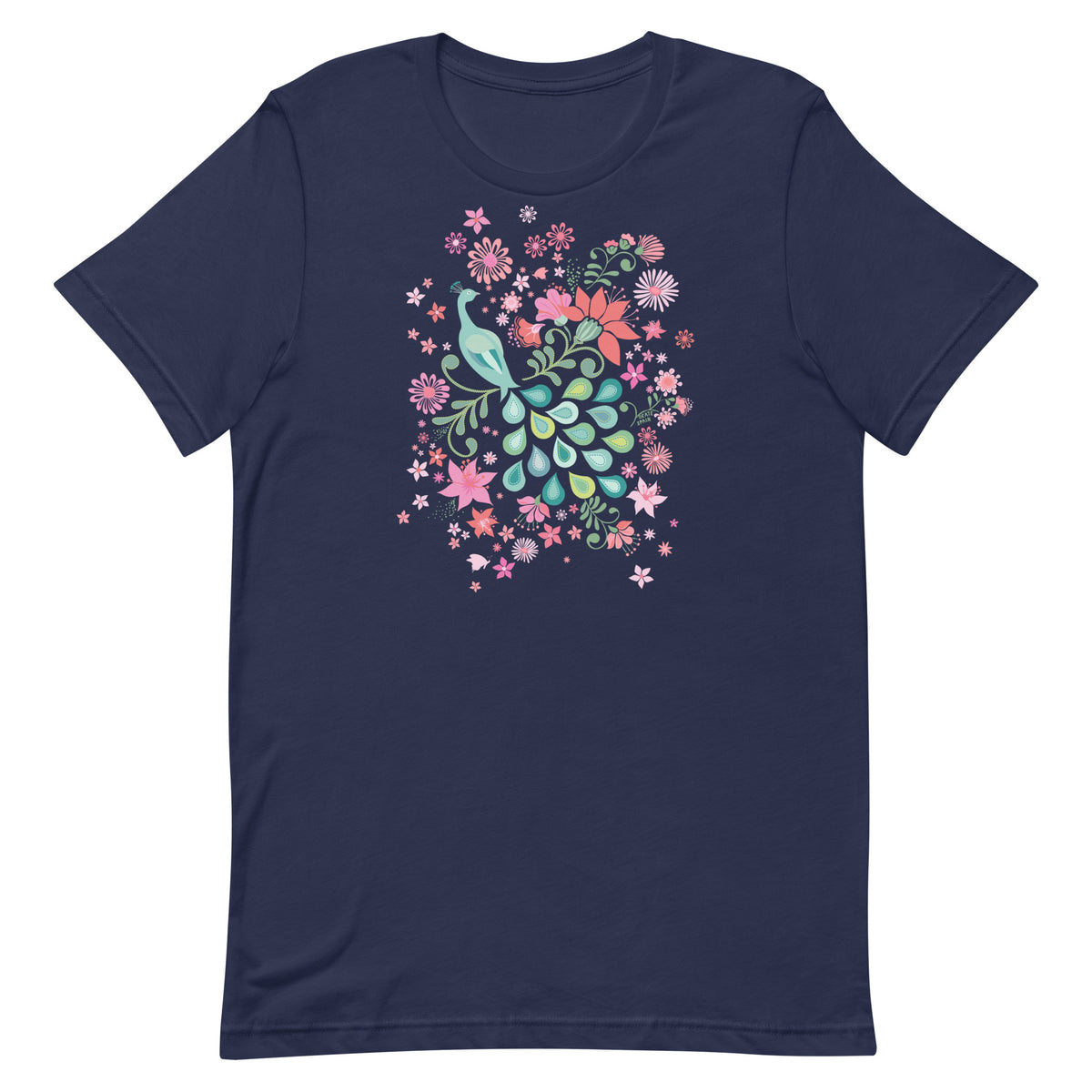 Peacock Flowers design, a peacock among coral, pink, mint and teal blooms on a t-shirt in navy, front view – Kate Spain design