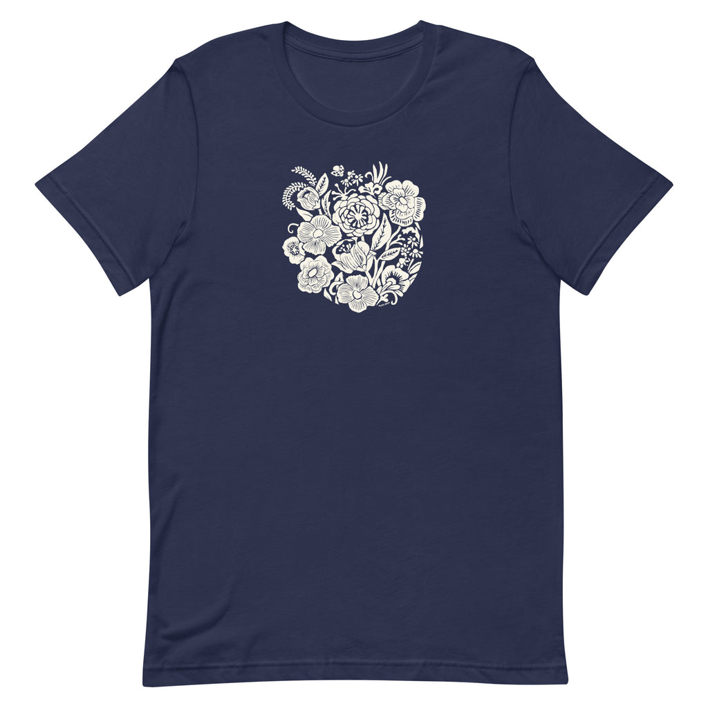 Meadowsweet woodblock-style bouquet of wildflowers on a t-shirt in navy, front view – Kate Spain design