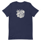 Meadowsweet woodblock-style bouquet of wildflowers on a t-shirt in navy, front view – Kate Spain design