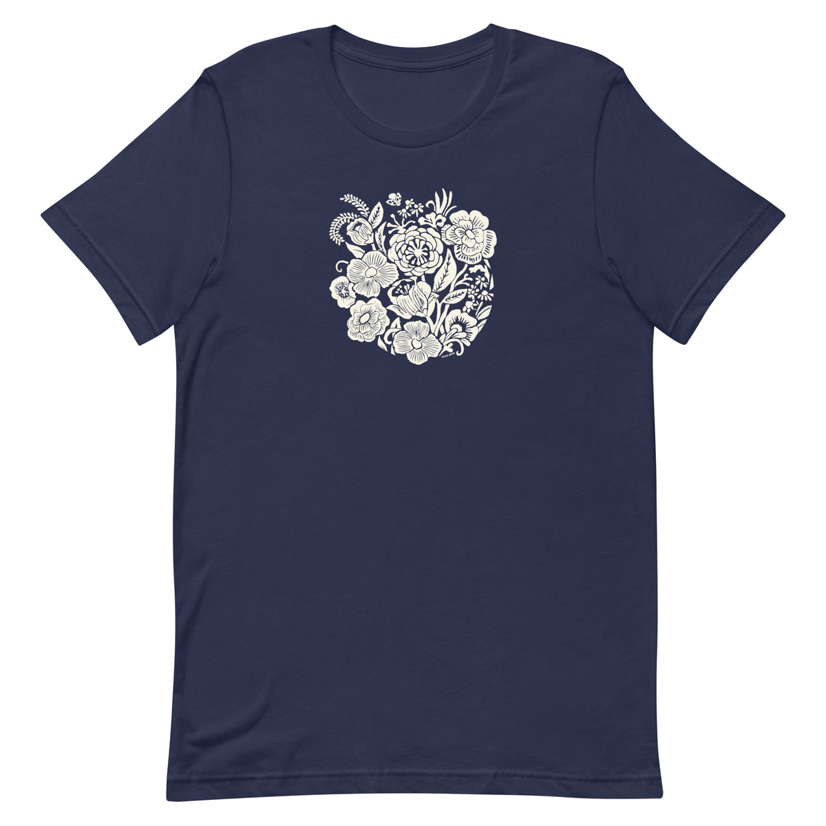 Meadowsweet woodblock-style bouquet of wildflowers on a t-shirt in navy, front view – Kate Spain design