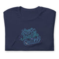 Love Laugh Quilt hand-lettered quilting design on a t-shirt in navy, folded close-up of the design – Kate Spain design