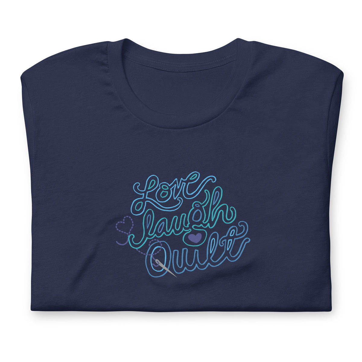 Love Laugh Quilt hand-lettered quilting design on a t-shirt in navy, folded close-up of the design – Kate Spain design