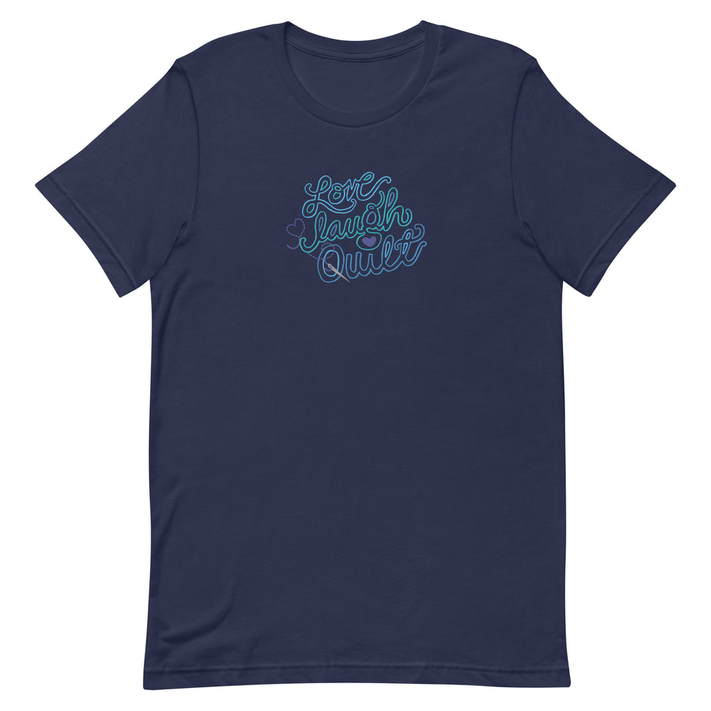 Love Laugh Quilt hand-lettered quilting design on a t-shirt in navy, front view – Kate Spain design