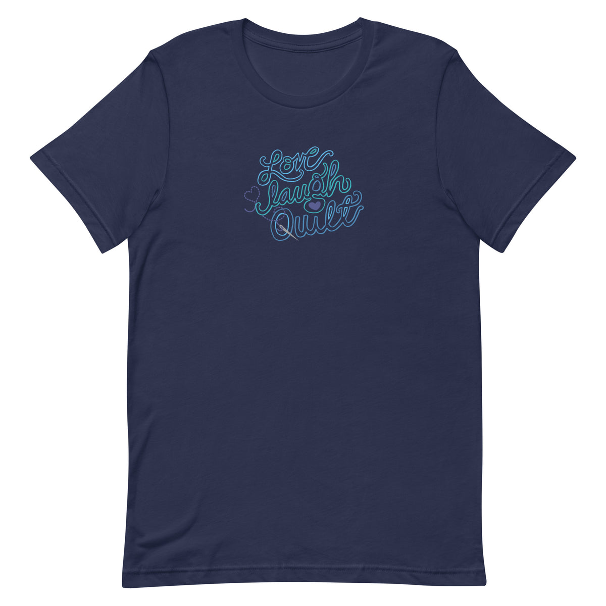 Love Laugh Quilt hand-lettered quilting design on a t-shirt in navy, front view – Kate Spain design