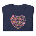 Be You floral heart of inspirational words on a staple t-shirt in navy, folded close-up of the design – Kate Spain design